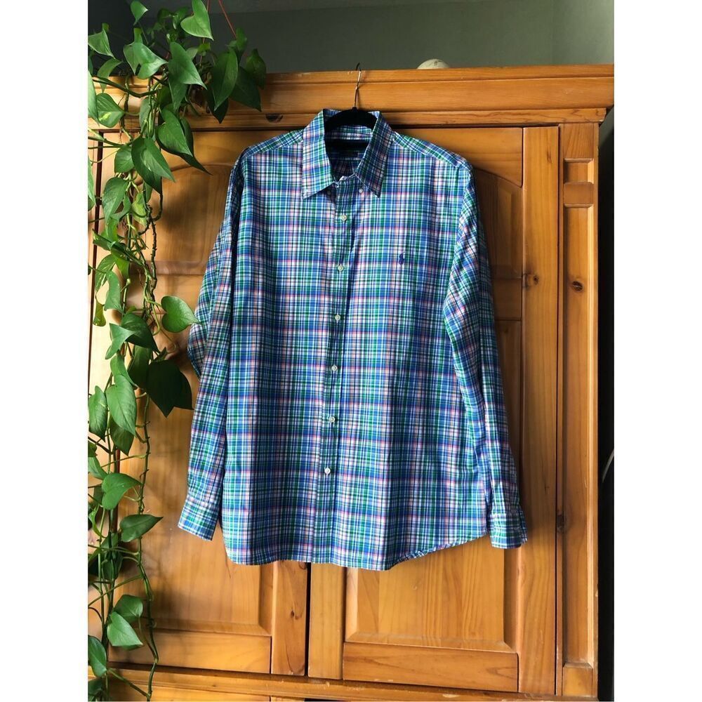 Ralph Lauren Shirt Men's Classic Fit Blue Green Pink Cotton Plaid SZ XXL/T